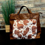 Brown Faux Cow Hide Pocket Convertible Tote