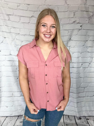 V-Neck Collared Top with Flap Pockets